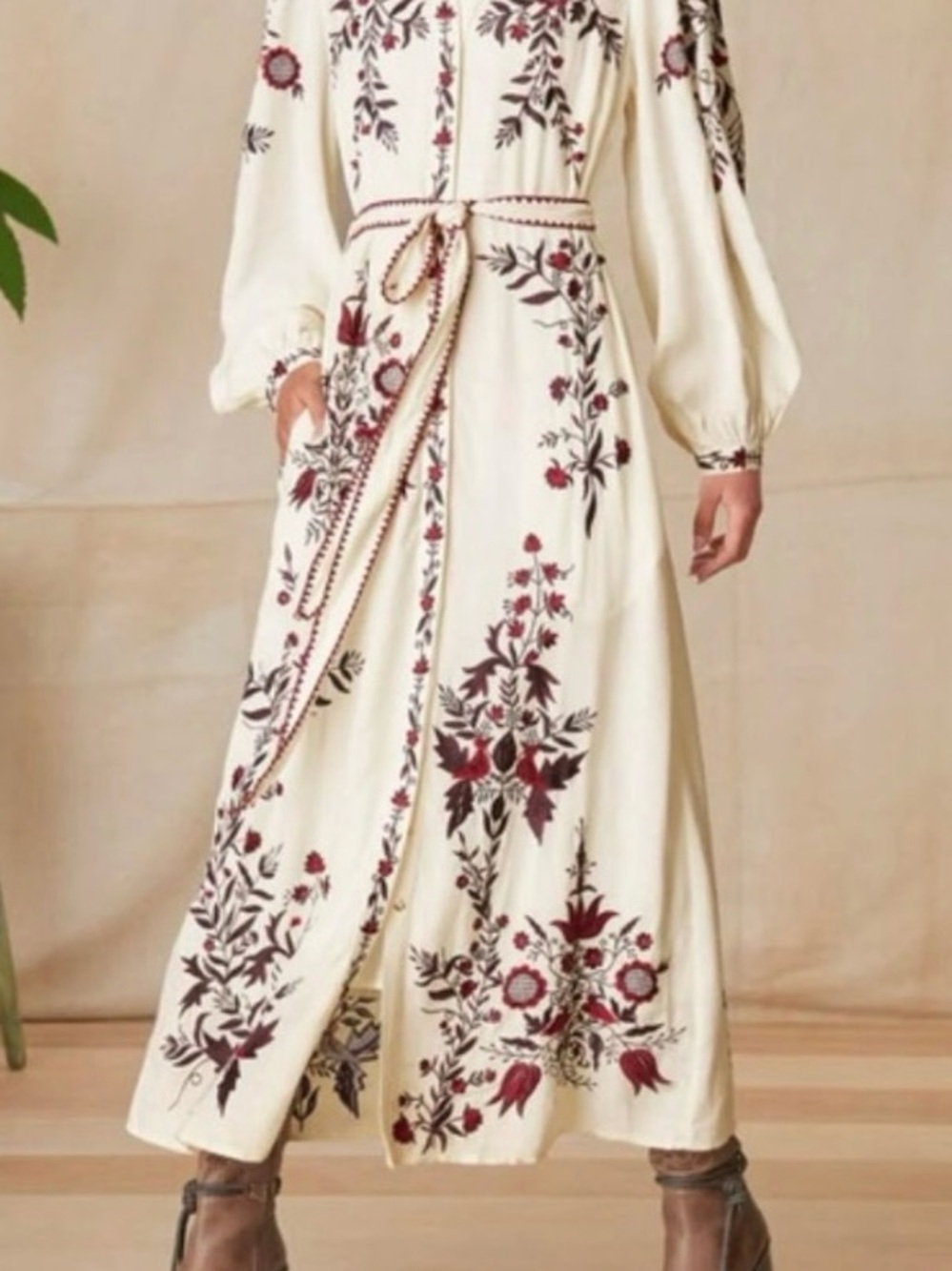 Sundance Jessa MaeCream Maxi Dress bohemian Floral Embroidery and Waist Tie